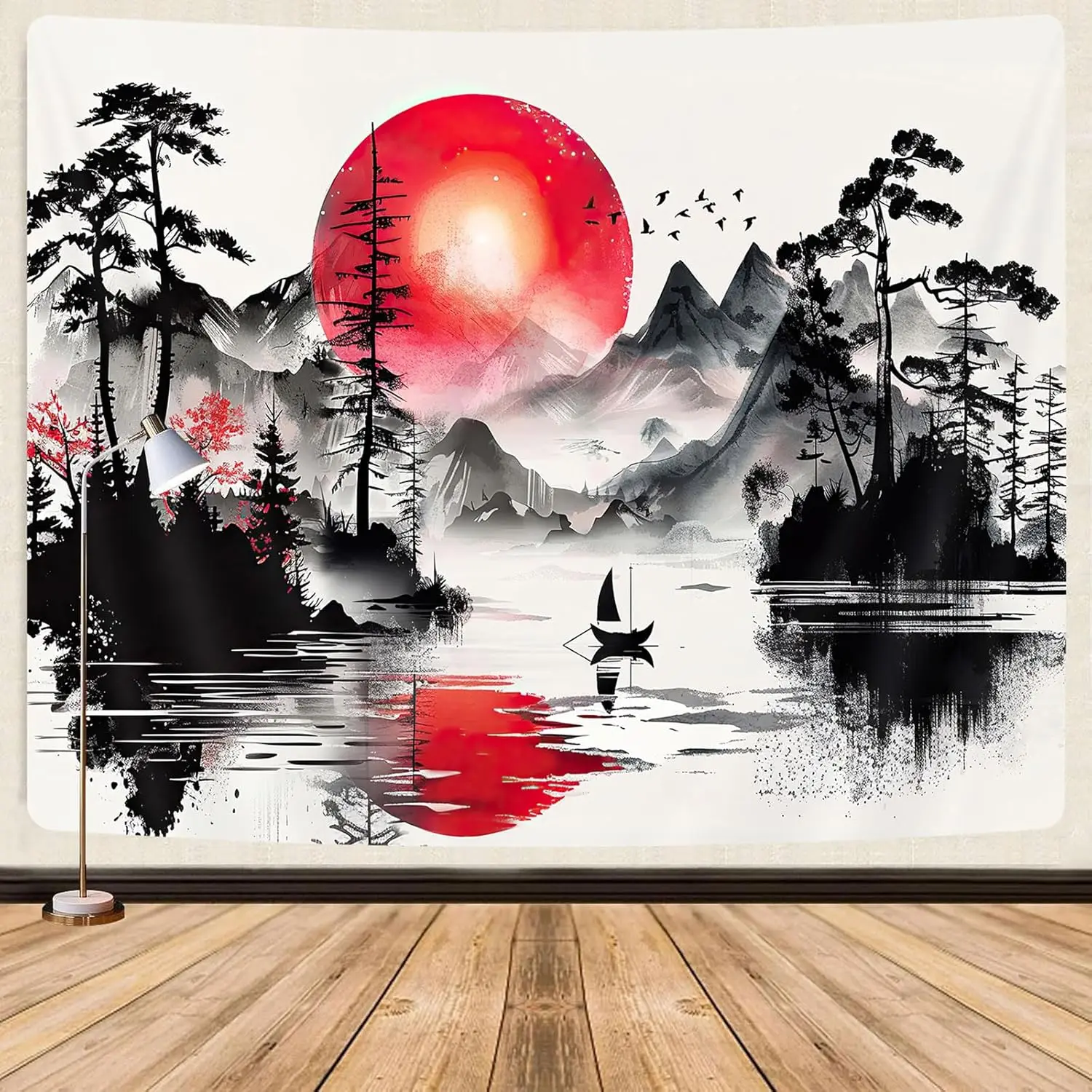 Red Black Forest Tapestry Anime Mountain Tree Sun Beautiful Tapestry Wall Hanging Living Room University Dormitory Decoration