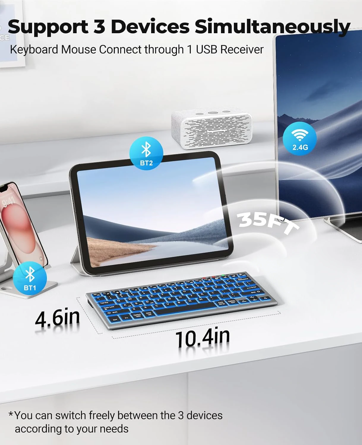 JOMAA Bluetooth-Funktastatur mit 7-farbiger Hintergrundbeleuchtung, wiederaufladbar, kompakt, kabellos, für Windows-PCs_voghion.com