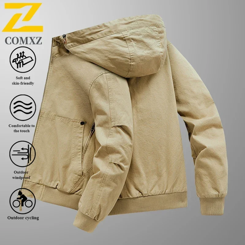 EiAO Autumn Work Jacket Men's Trendy Retro Pure Cotton Detachable Cap Windproof Jackets Male Travel Camping  Loose Flying Coat