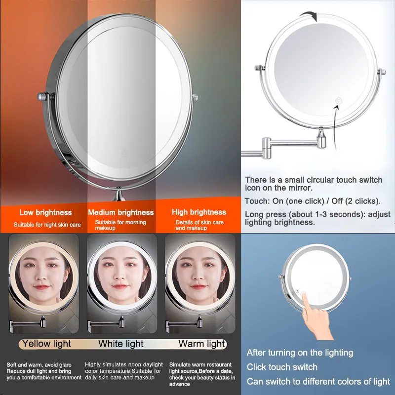 Wall Folding Makeup HD Mirror Double Side Fill Light Magnifying USB Charging Led Tricolor Dimming Bathroom Cosmetic Mirrors 6