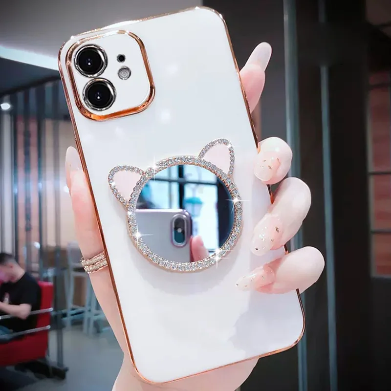 Plating Case For Samsung A34 A54 A53 A32 A33 A13 4G 5G A12 A73 A25 A31 A21S A14 Diamond Cute Cat Ears Make-up Mirror_voghion.com