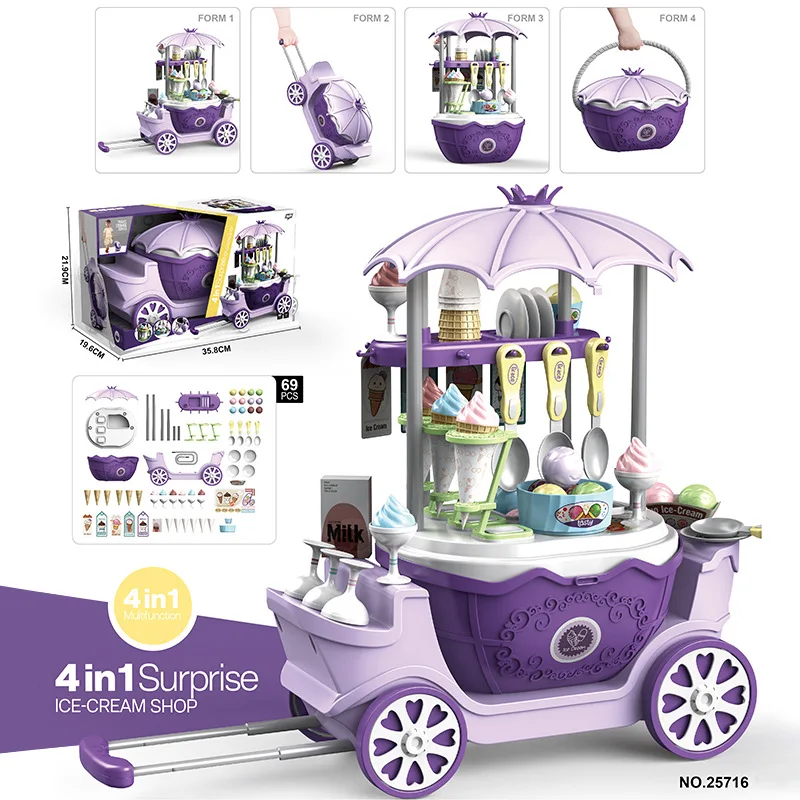 4 In1 Cute Ice Cream Play House Trolley Candy Cart Simulazione Trucco Stazione Medica Shopping Princess Car Toy For Children Gift