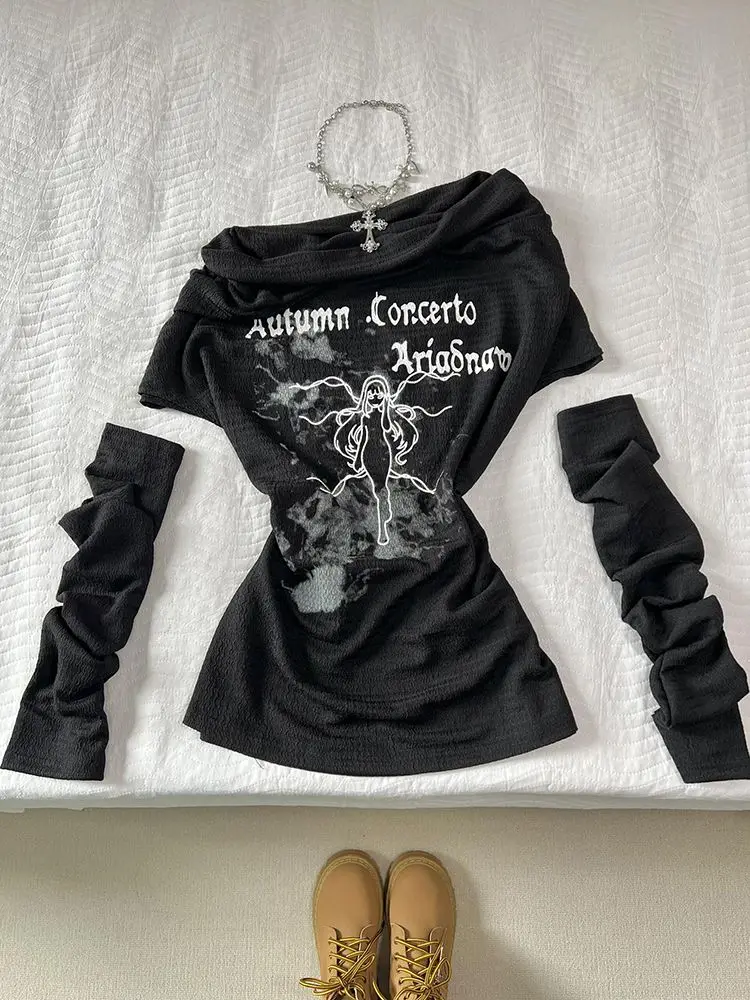 Summer Gothic Slim Black Print T-Shirts Women Hot Girl Y2k New Short Sleeve Tees Female High Street Retro Aesthetic Clothing 1
