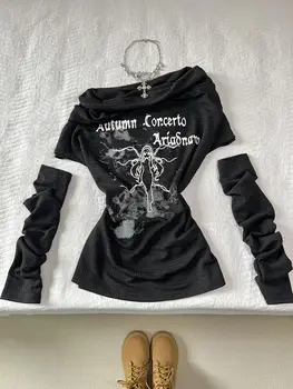 Summer Gothic Slim Black Print T-Shirts Women Hot Girl Y2k New Short Sleeve Tees Female High Street Retro Aesthetic Clothing 1