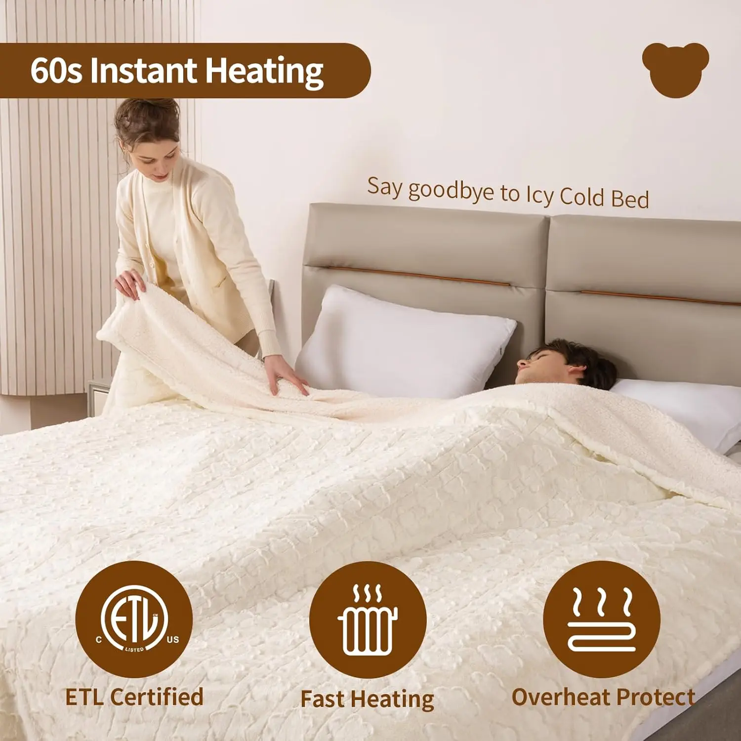 Electric Blanket King Size 100" x 90", Dual Controller Heated Blanket, White Flower Patterns Faux Fur & Warm Sherpa, 10-Heat