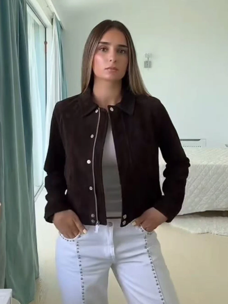 TFMLN Women Fashion Short Suede Jacket Autumn Fashion Long Sleeve Zipper Solid Coat Chic Lady 2025 Streetwear