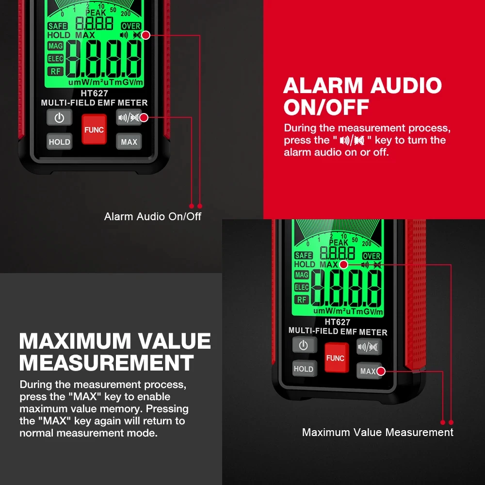 HT627 EMF Meter Professional Electromagnetic Field Radiation Detector Handheld Radio Frequency Warn Meter 3-Colors Backlight