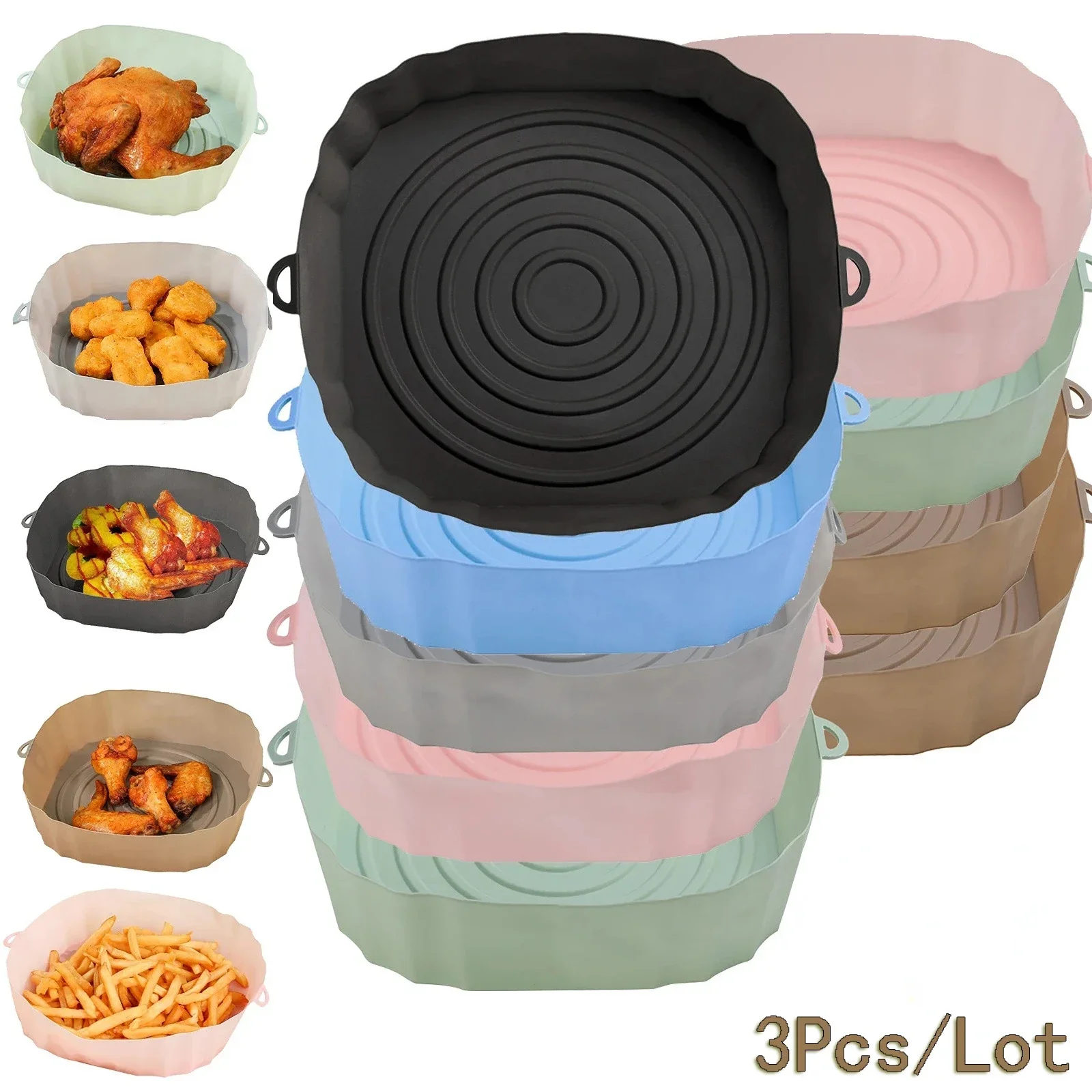 Air Fryer Baking Tray 3Pcs Air Fryers Baking Tray Fried Chicken Basket Mat Airfryer Oven Silicone Pot Round Replacemen Grill Pan Accessories