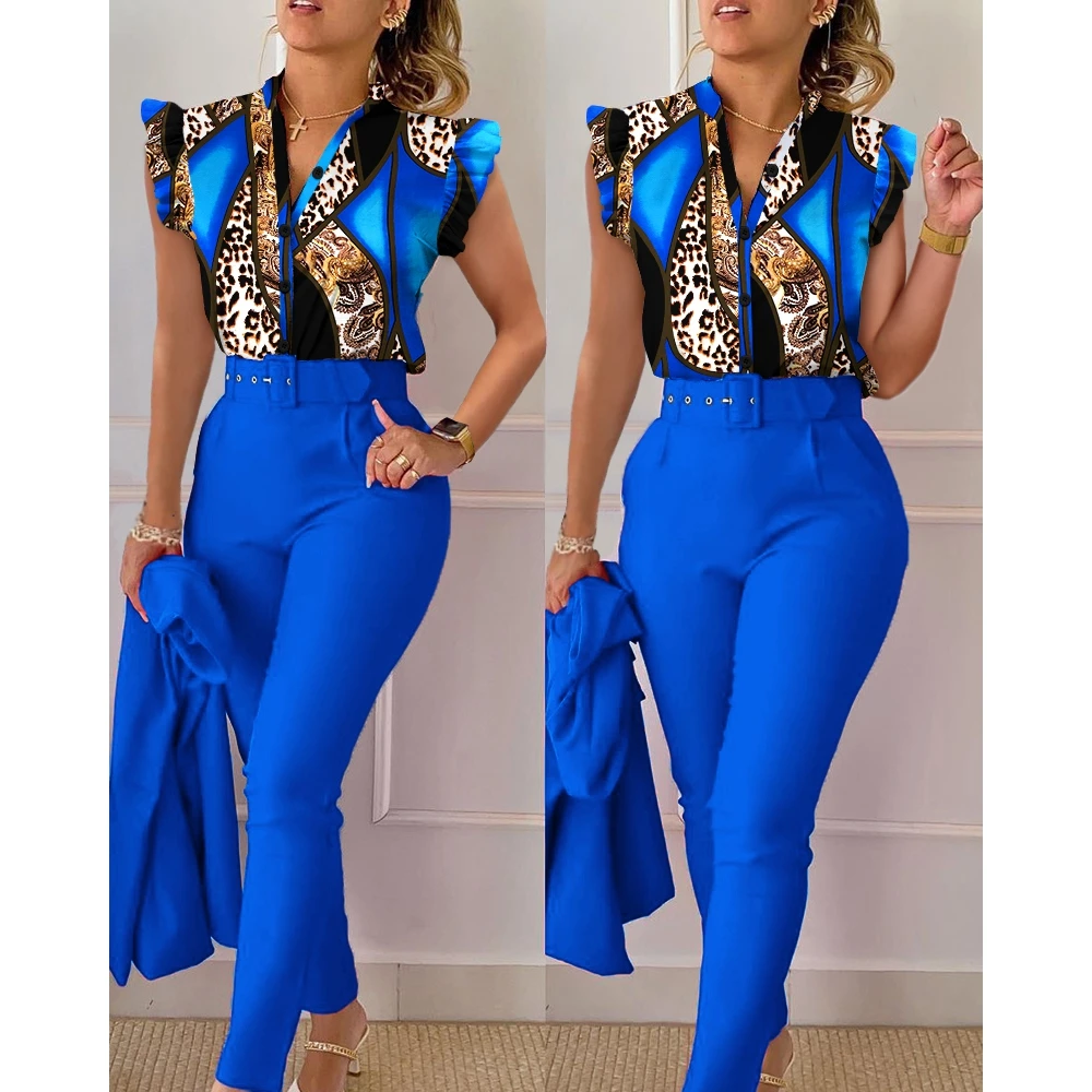 Elegant Summer Women Leopard Print Shirt & High Waist Pants Work Suit Sets Female Sleeveless Two Piece Sets Womens Outifits