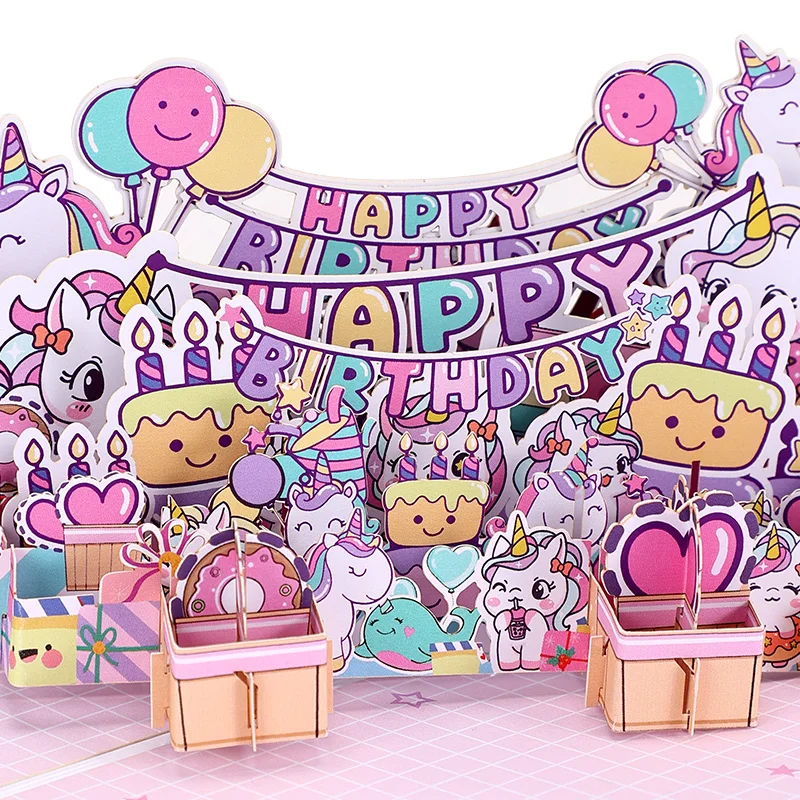3D Pop Up Birthday Cards Balloon Cake Cartoon Birthday Gifts Greeting Card For Family Parents Wife Husband Children Friends