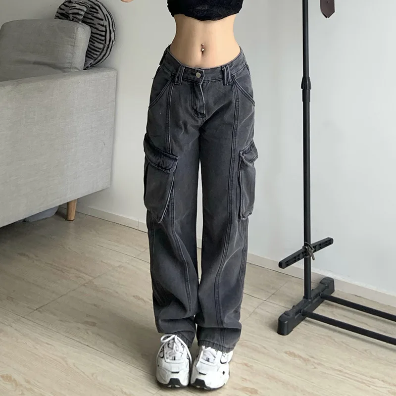 Women Y2k Cargo Jeans Big Pockets Vintage High Waisted Hippie Trousers Baggy Jeans New Korean Straight Sweatpants Emo Bottoms BFNew Women Y2k Grey Cargo Jeans Big Pockets Vintage High Waisted Trousers Baggy Straight Streetwear Korean Sweatpants Emo Bottoms black mom jeans Jeans