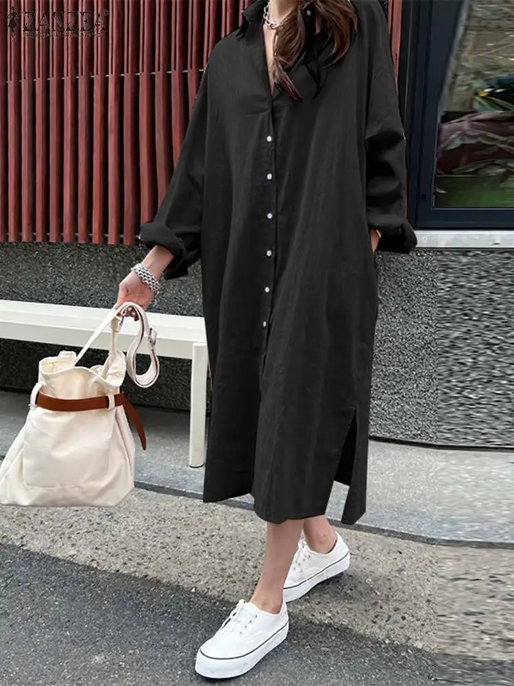 

ZANZEA Vintage Split Hem Sundress Woman Long Sleeve Lapel Neck Shirtdress Casual Botton Vestidos Elegant Party Dress Oversized