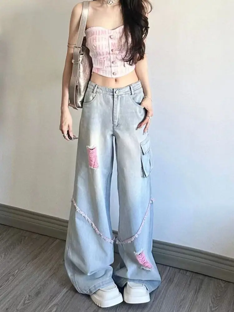 Jeans Hole High Waist Vintage Blue Women Worn-Out American Fashion Y2K Streetwear Wide Leg Jean Female Trouser Baggy Denim Pants