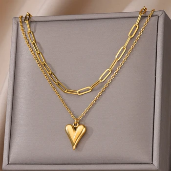 Collana a cuore multistrato in acciaio inossidabile 316L per le donne Ragazze Goth Color oro Catena clavicola Fascino Girocollo Gioielli Regalo di compleanno 1