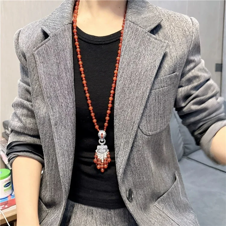 Red Agate White Rice freshwater Pearl CZ Plated Pendant 32