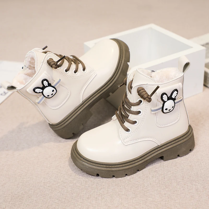 Girls Leather Ankle Boots Winter Kids Non Slip Cartoon Lining