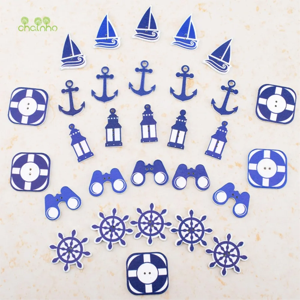 Chainho,Wooden Buttons,2 Holes,Blue Marine Style,DIY Sewing & Quilting Accessories,For Clothes,Bags,Sweaters,60 Pieces,B08