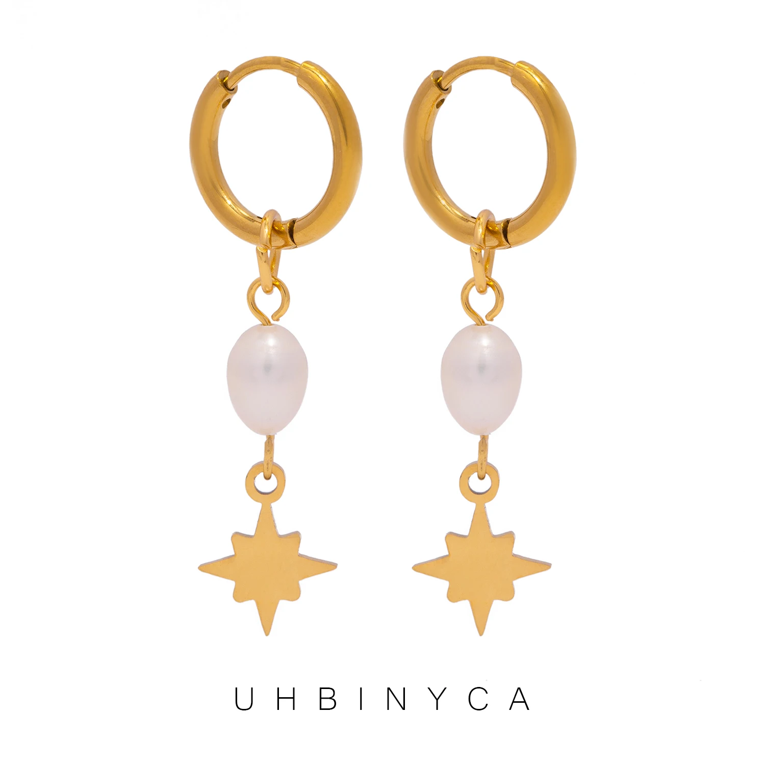 18K Gold Plated Stainless Steel Removable Pearl & Octagram Earrings for Women, Dainty Elegant Hypoallergenic Jewelry Gift