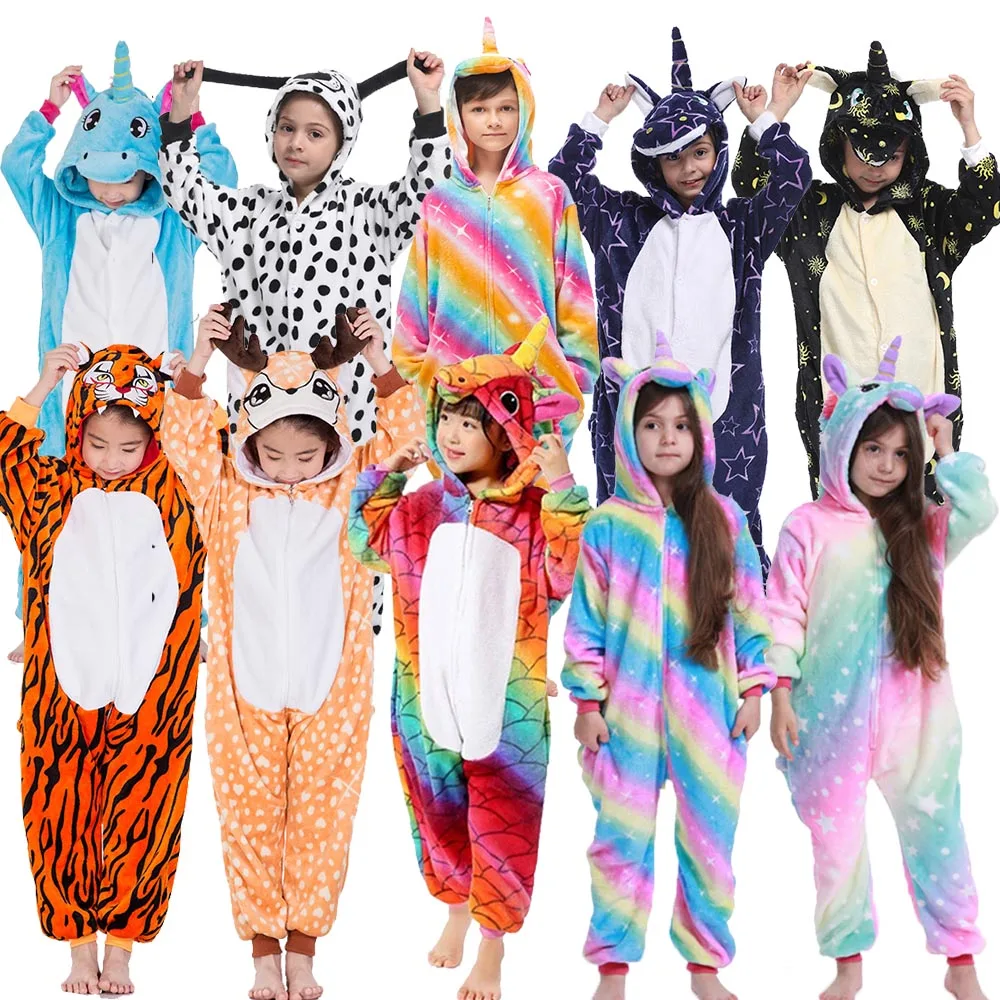Kids Pajamas 80-150cm Kids Winter Tiger Pajamas Children Panda Dinosaur Jumpsuit Unicorn Kigurumi Onesie for Boys Girls Teenage Baby Costume