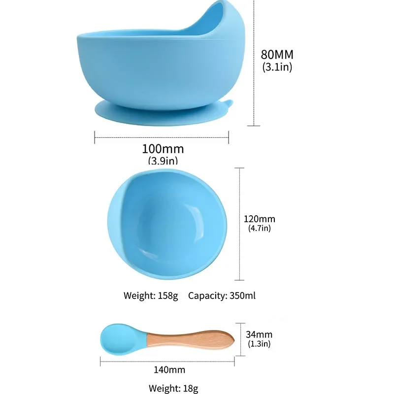1Set Food Grade Silicone Baby Feeding Bowl Set Baby Learning Dishes Suction Bowl Spoon Non-Slip Dinnerware Set Silicone Feeding Set