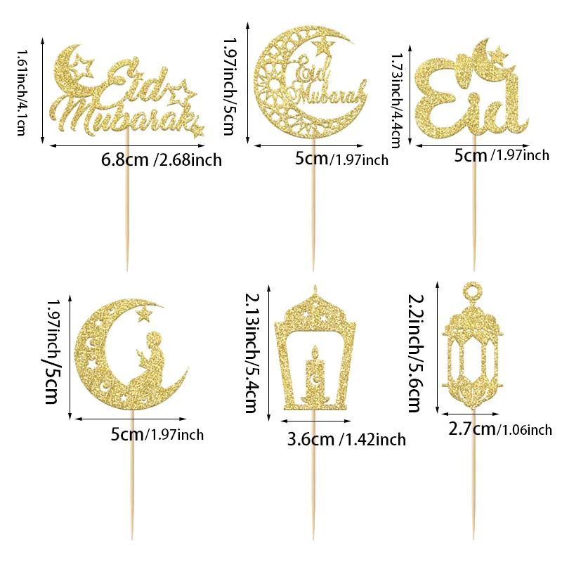 12pcs Eid Mubarak Golden Cake Toppers Glitter 'Happy Eid' Moon Star Cupcake Picks for Eid Party Cake Decoration Supplies