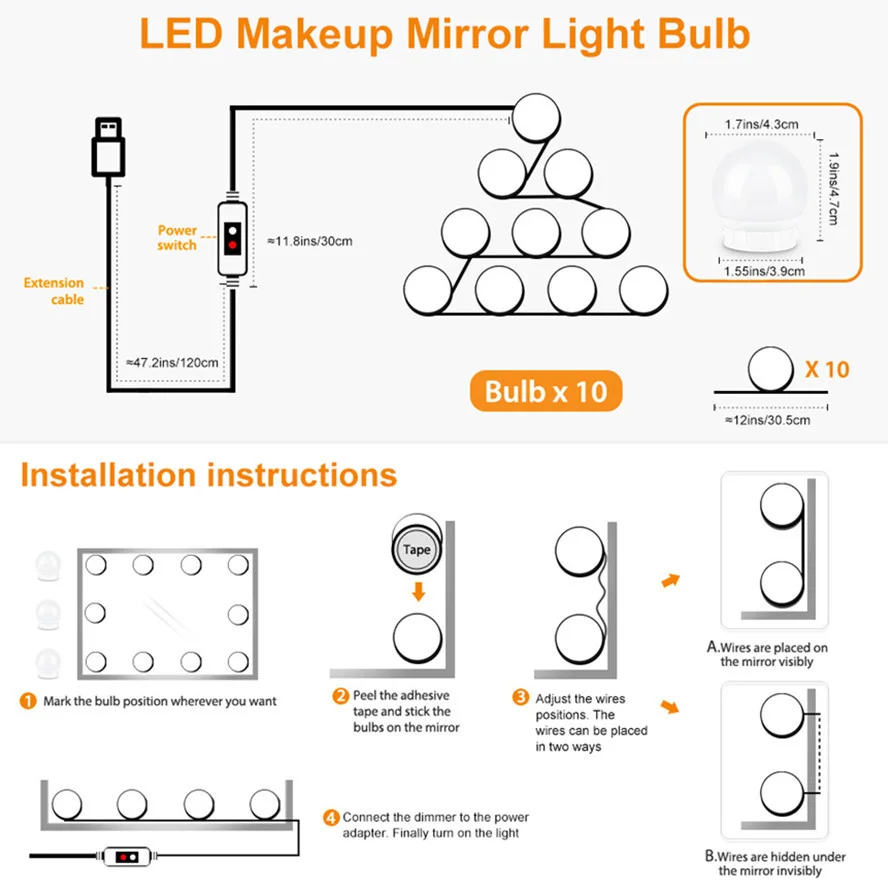 Makeup Mirror Lights USB 5V portable LED Bulb Dimmable Wall Lamp Makeup Mirror Dressing Table Beauty Hand Sweep Sensor
