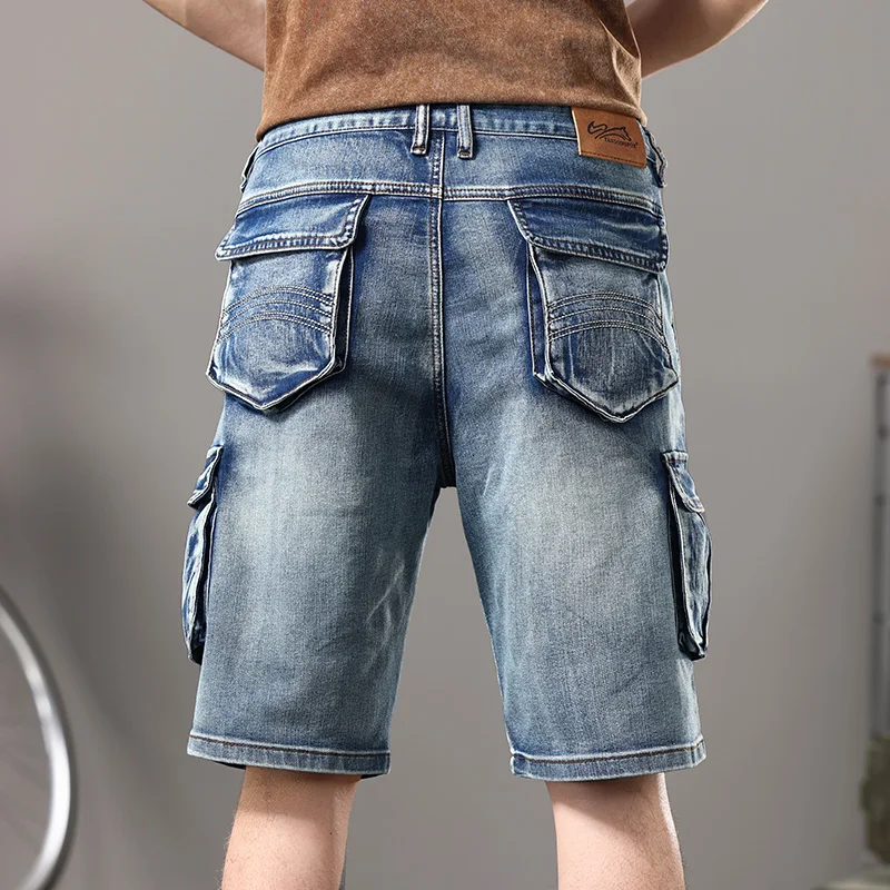 American High Street Washed Retro Denim Shorts Youth Fashion Multi-pocket Loose Denim Pants for Men Workwear Shorts