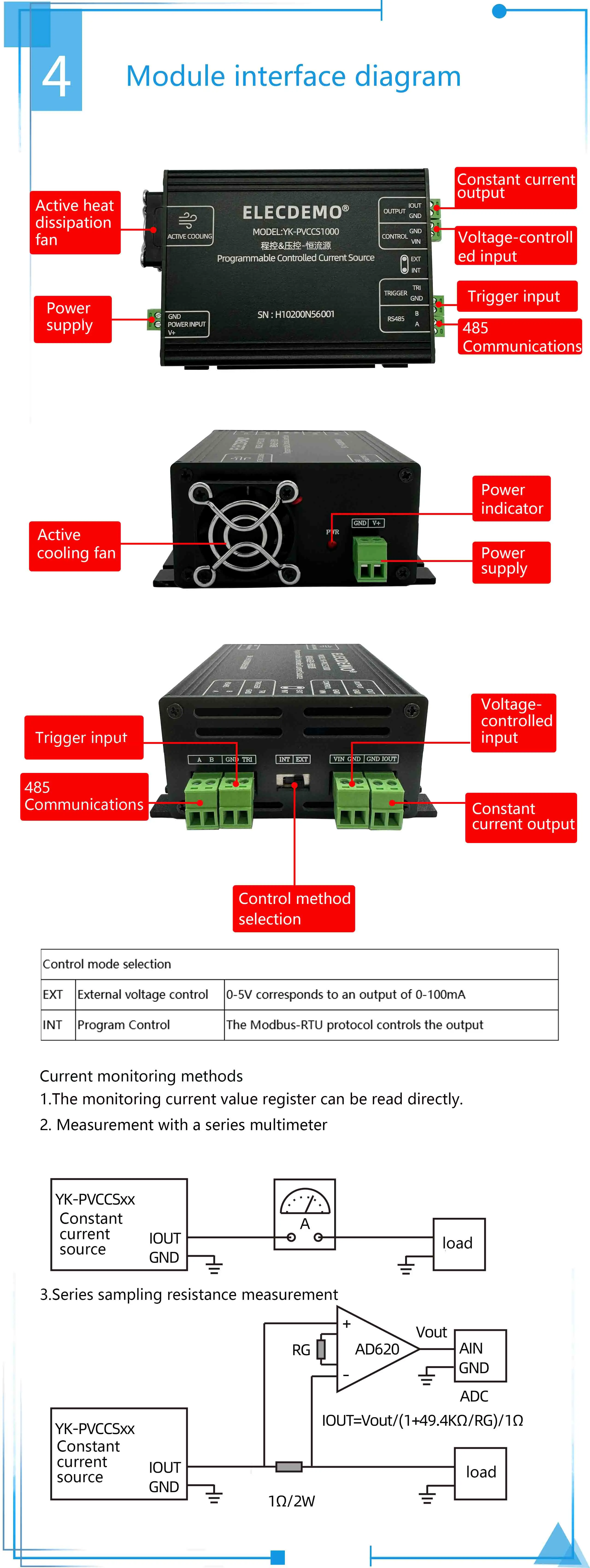Programmable constant current source, voltage controlled current source, 0-1A hi