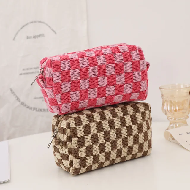  Makeup Bag for women Large Brown Checkered Makeup Bag