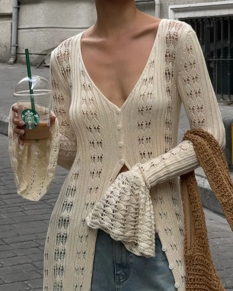 Deep V Neck Long Cardigan Dress - Elegant Hollow Knit Cover Up for Women