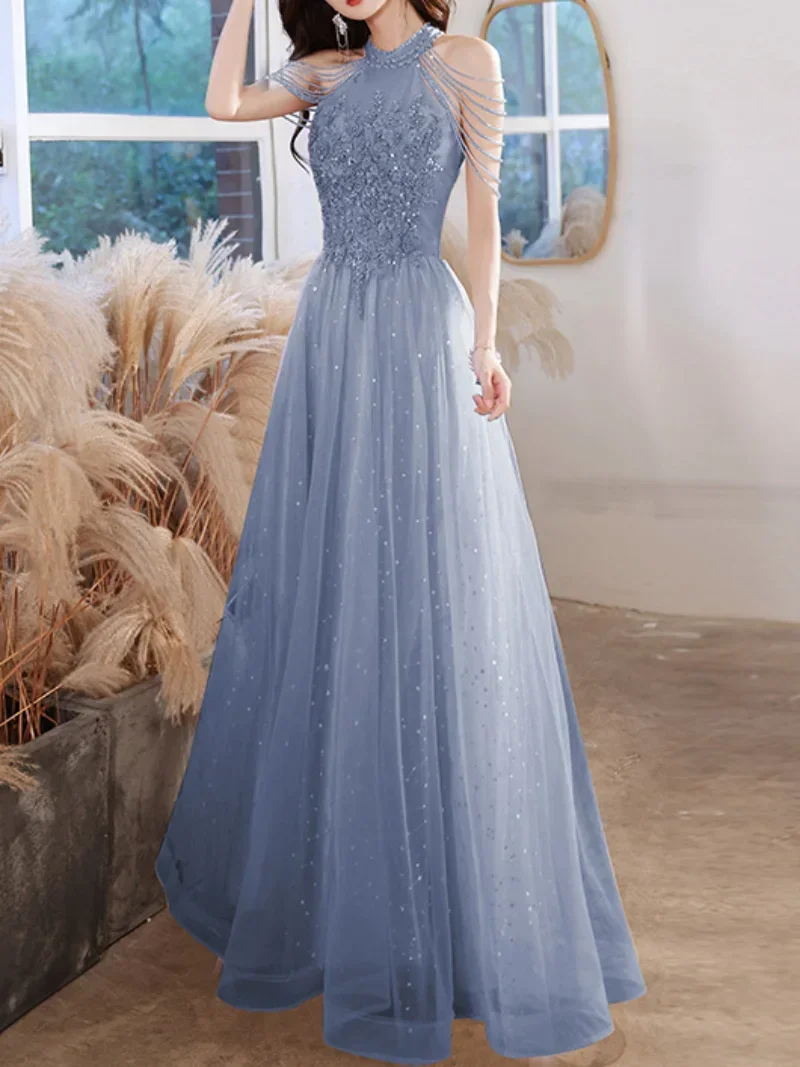 LANMU Elegant Pink Celebrity Dress Sequins Beading Halter With Tassel Sleeve A Line Exquisite Floor Length Prom Evening Gowns