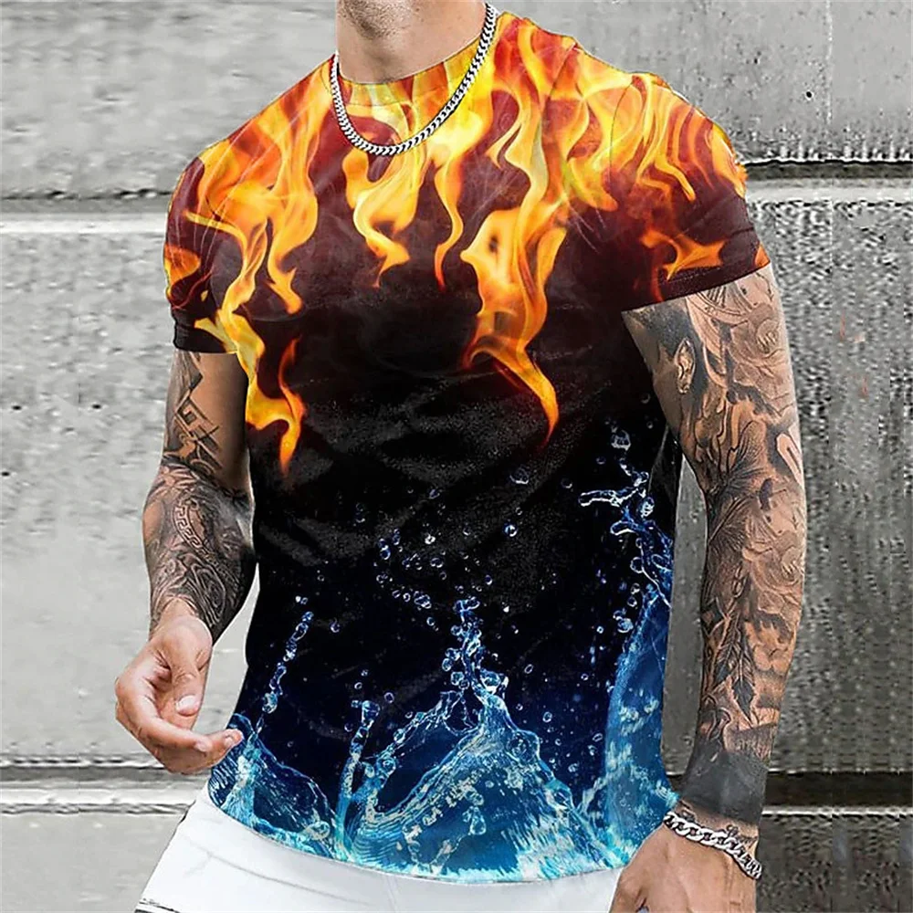 

T-Shirt For Men 3D Flame Printed Fashion Gradient Harajuku Short Sleeve Tops Leisure Round Neck Oversized T-Shirt Trend Clothing