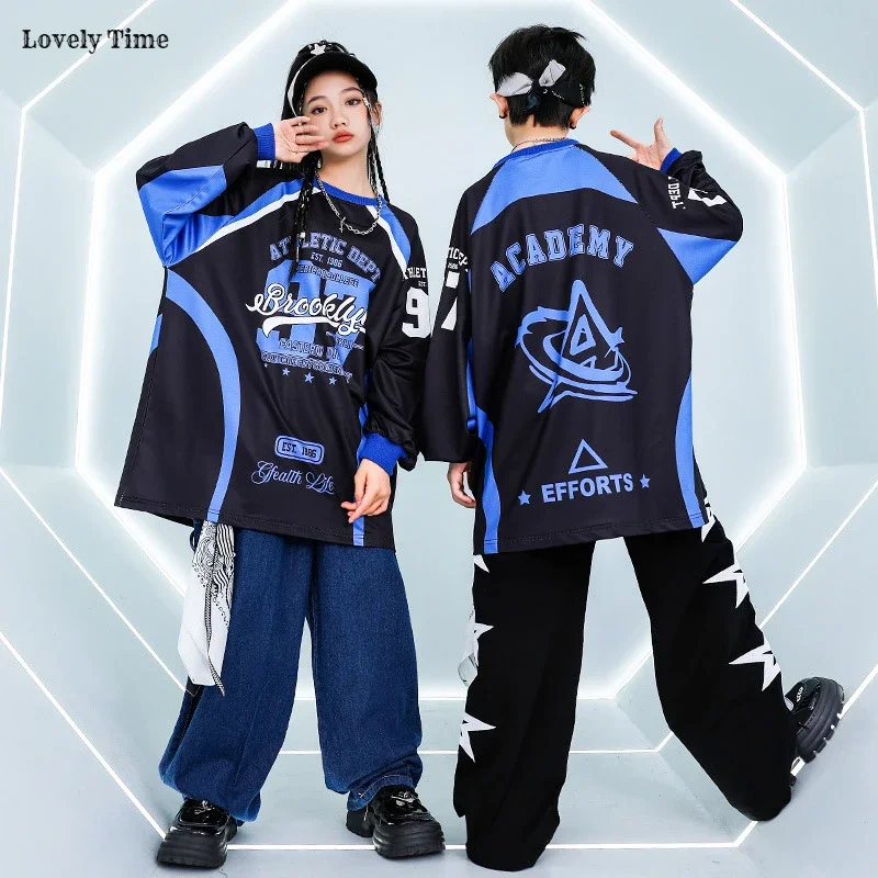 Girls K-pop Loose Contrast Sweatshirt Street Dance Pants Boys Hip Hop Jeans Clothes Sets Kids Jazz Costume Child Cool Streetwear