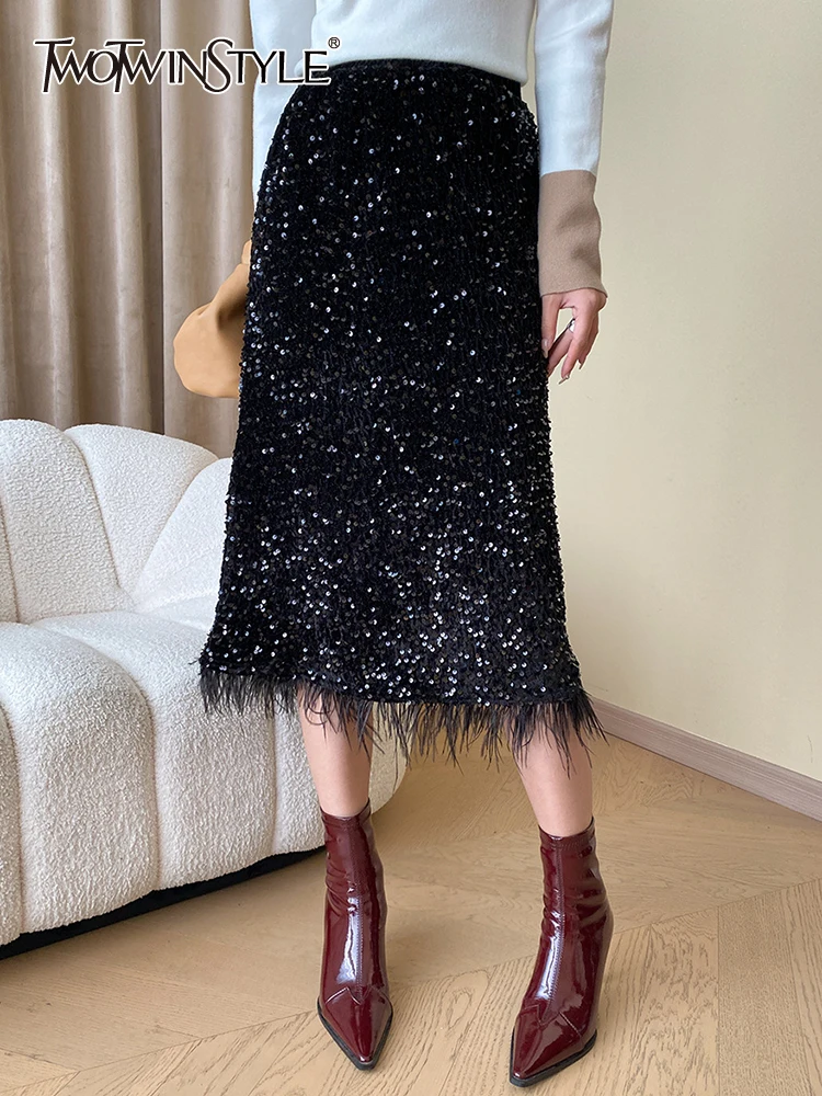 

TWOTWINSTYLE Solid Patchwork Sequins Skirt For Women High Waist Spliced Feathers Temperament A Line Skirts Female Fashion New