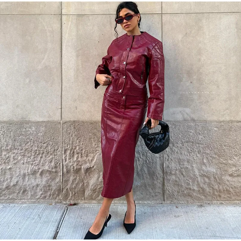PU Leather Jackets Long Skirts Women's Set Vintage Solid O-Neck Jackets A-Lined Slim Fit Skirt Sets Female Chic Street Outfits