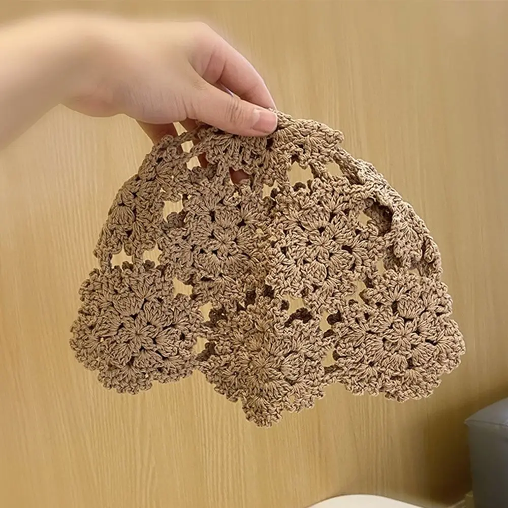 Breathable Hollowed Out Knitted Hat Lace Flowers Beret Cap Casual Summer Skullies Hat for Women