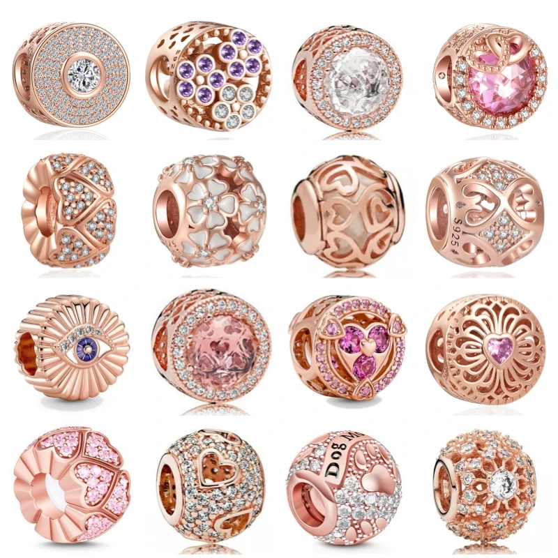 New Rose Gold Flower Spring 2024 Family Tree Charm Fit Original 925 Sterling Silver Bracelet Beads DIY Women Jewelry Gift Making 2