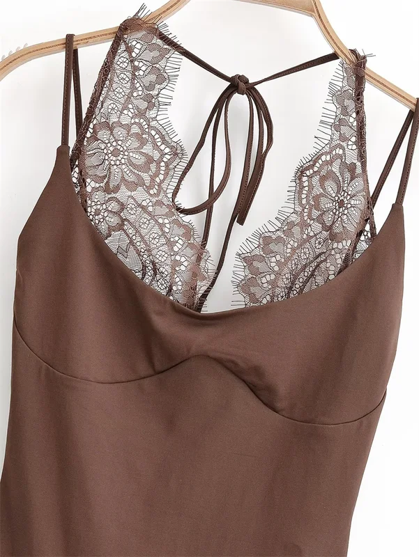 Women' Bodysuit Brown Spliced Lace Chic Personality Spaghetti Strap