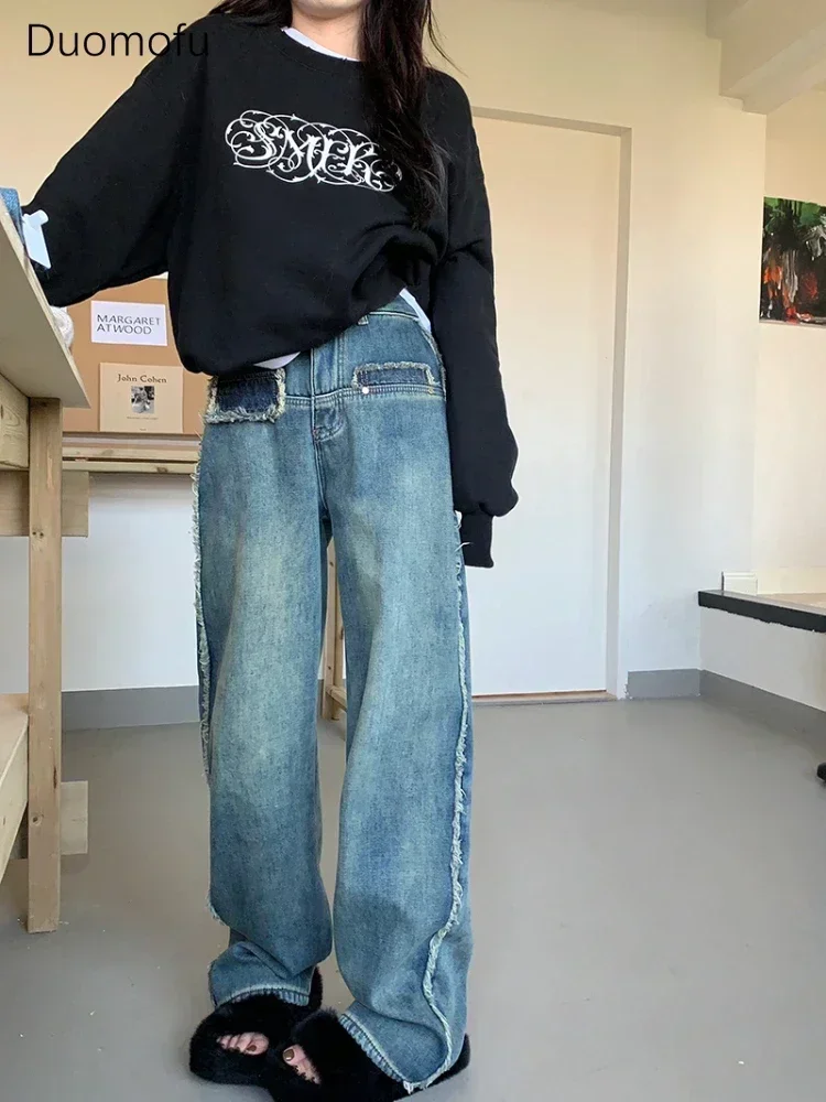 

Duomofu Vintage Grunge Blue Jeans Women Y2k Korean Distressed Wide Leg Denim Pants Harajuku Streetwear Oversize Baggy Trousers