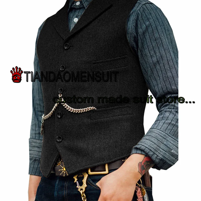 Men's Vest Herringbone Lapel Sleeveless Jacket Winter Wool Steampunk Waistcoat Formal Groom Vests colete masculino