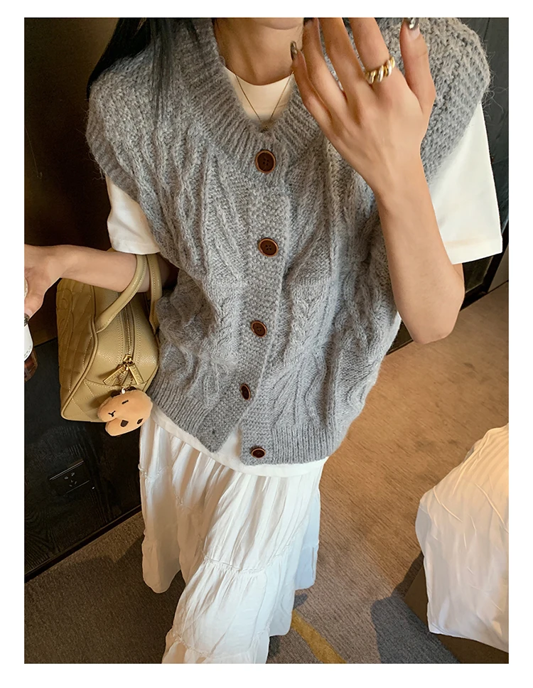 

Женский однобортный свитер-жилет свободного покроя, вязаный свитер-жилет для весны и осени