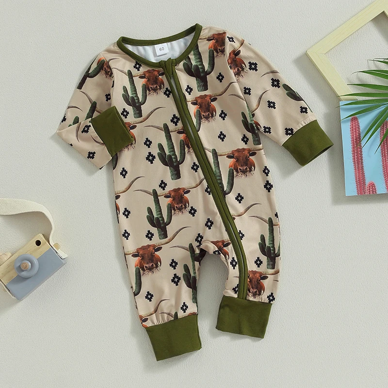 -07-18 Lioraitiin 0-12M Infant Baby Boys Jumpsuit Long Sleeve Cow/Horse Print Zipped Autumn Newborn Romper Clothes cotton jumpsuit baby romper baby boy bodysuits