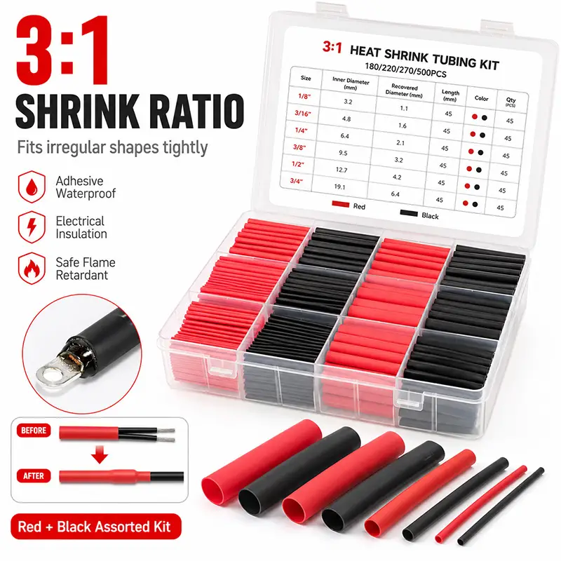 180-500PCS 3:1 Adhesive Heat Shrink Tubing Kit Polyolefin Wire Cable Sleeve Waterproof Insulation Assorted Pre Cut Tubes image 1