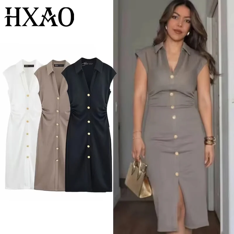 HXAO Geraffte Damenkleider 2025, Sommer, figurbetont, elegante Partykleider, ärmellos, solide Midi-Kleider, Knopfleiste, langes Hemdkleid 088