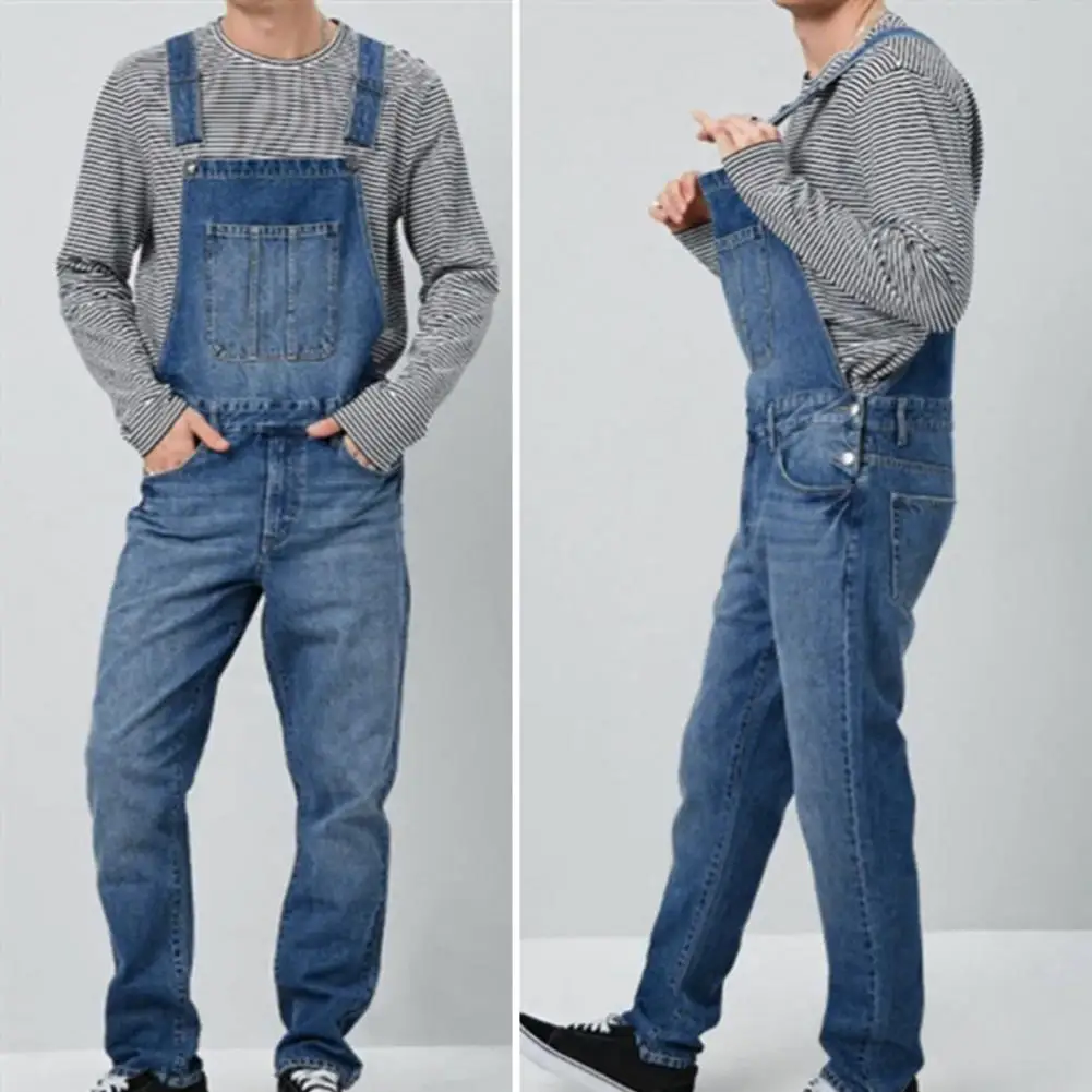 

Denim Bib Overalls Men's Soft Breathable Denim Jumpsuit with Suspender Long Pants Non-fading Solid Color for Comfortable