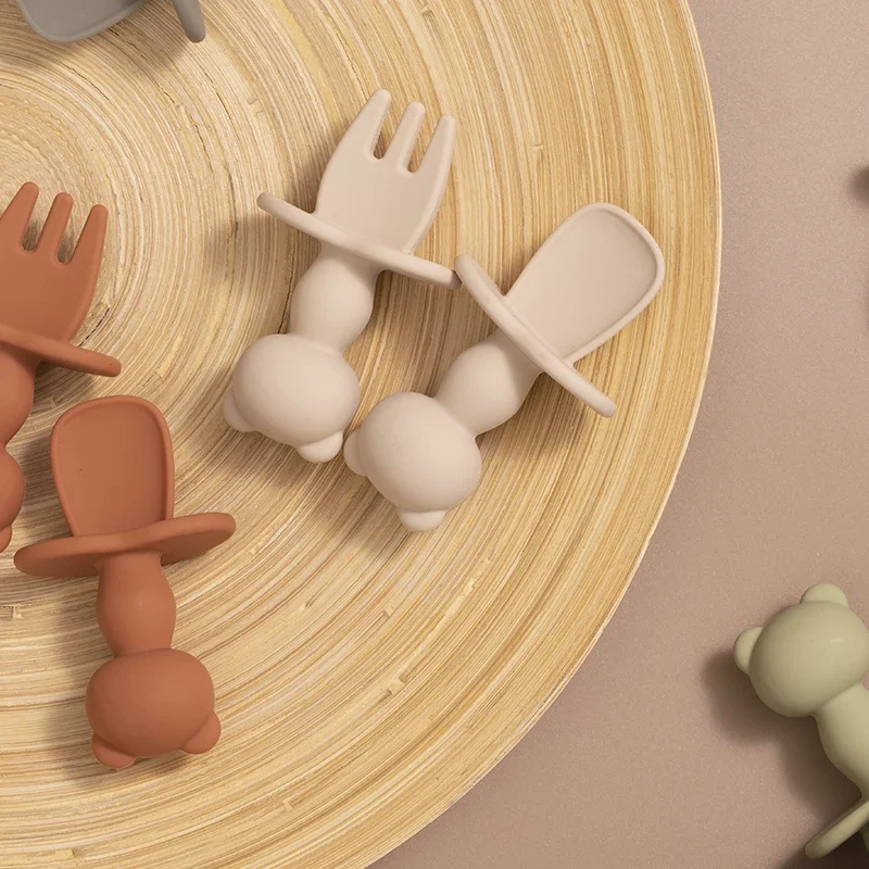 Silicone Cutlery Set Fork Spoon Set Baby Cutlery Food Grade Infant Soft Silicone Feeding Tableware For Toddler Kids Cartoon Panda Mini Training Fork Spoon Set Baby Accessories