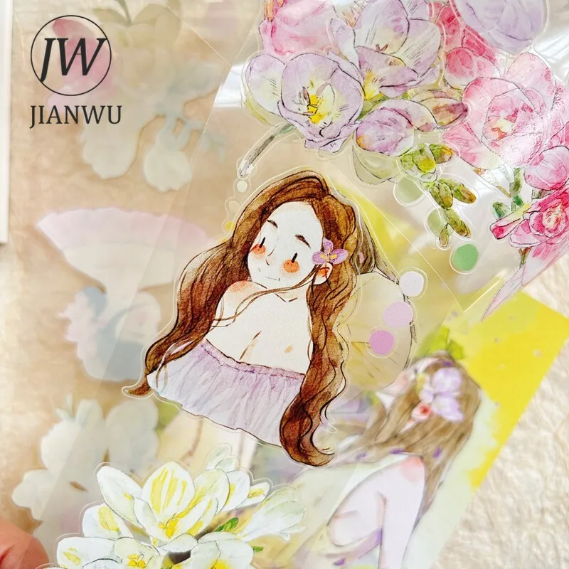 JIANWU 귀여운 소녀 꽃 캐릭터 풍경 소재 콜라주 스크랩북 PET 테이프 크리 에이 티브 DIY 저널 문구