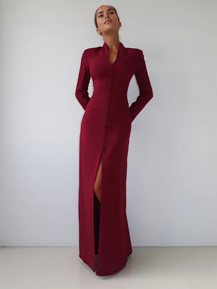 Nibber Office Style Maxi Dress Woman Sexy High Splits Autumn Trend V-Neck Zip Full Sleeve Street Fashion Skinny Elegant Vestidos