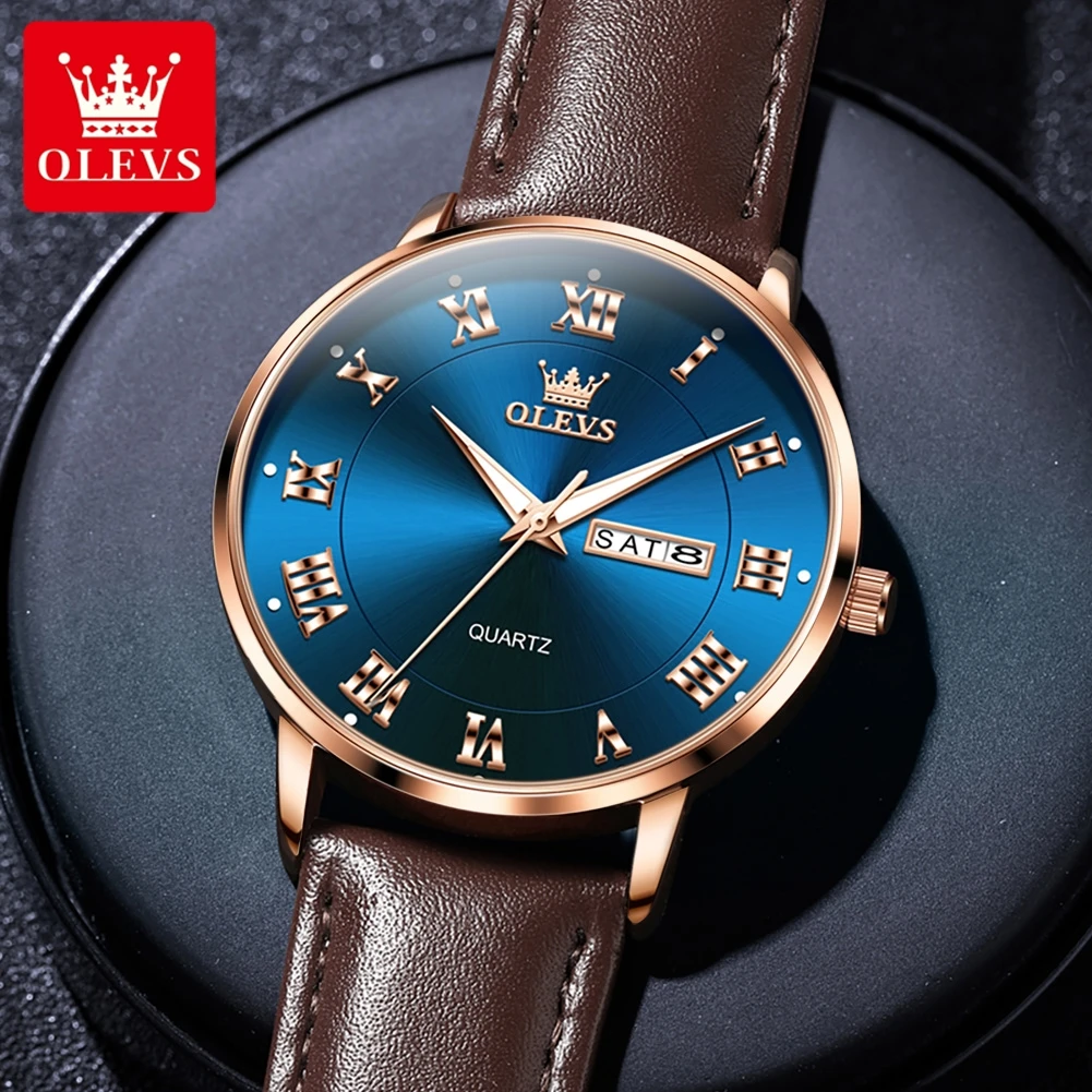 OLEVS 2920 Quartz Watch For Men Dual Calendar Classic Original Leather Wrist Watches Waterproof Luminous Roman Scale Man Watch