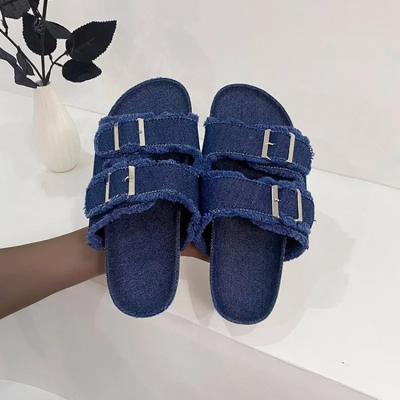 

Summer Denim Slippers For Women Blue Flats Sandals Rounded Toe Ladies Casual Slides Female Beach Slipper Flat Shoes Plus Size 43